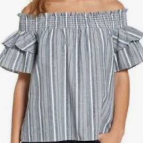 Caslon off the shoulder Striped Linen Blend Top Size Large - Picture 1 of 8